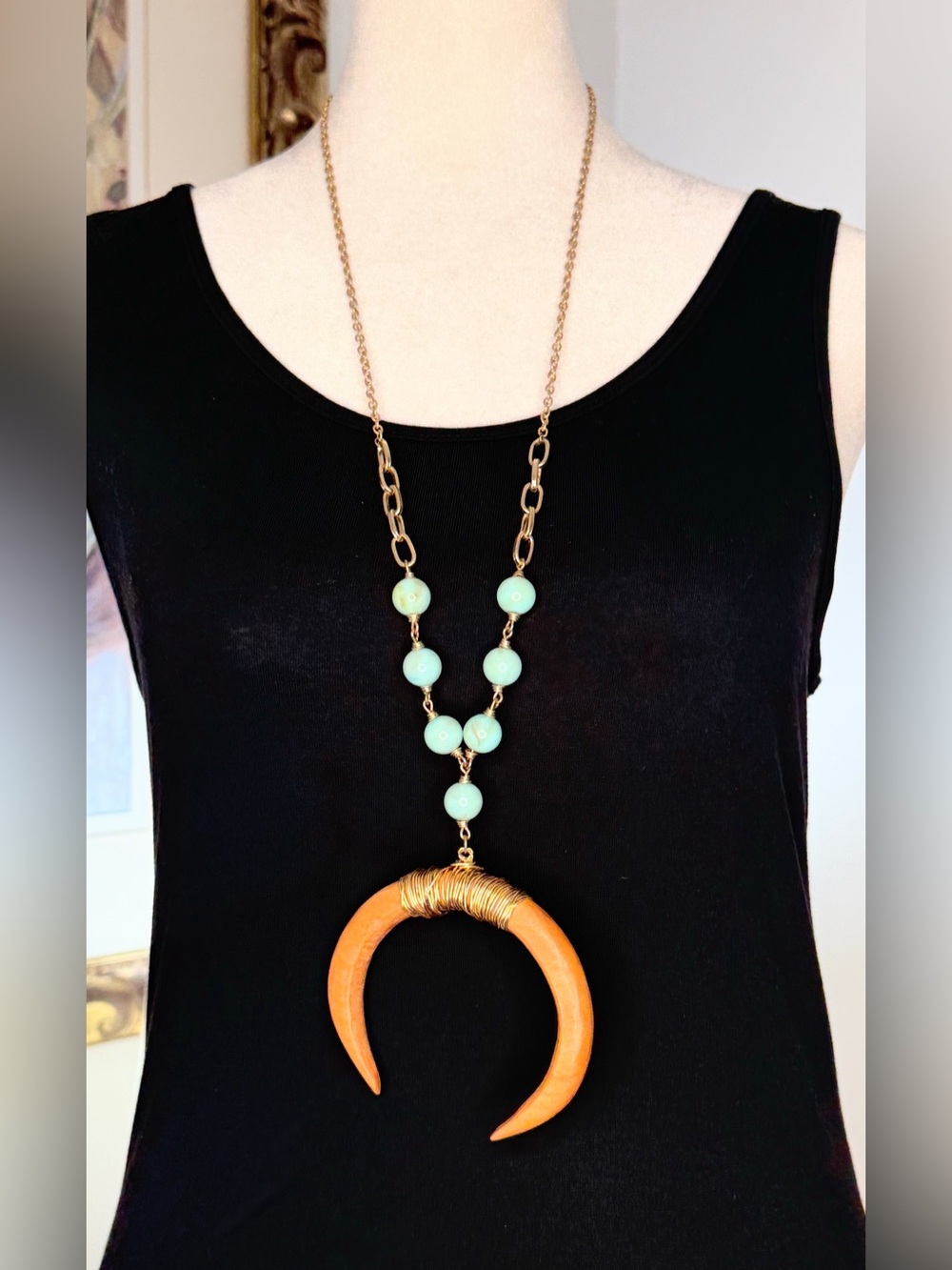 CRAVE Gold Tone Turquoise Bead Crescent Pendant Long Statement Necklace